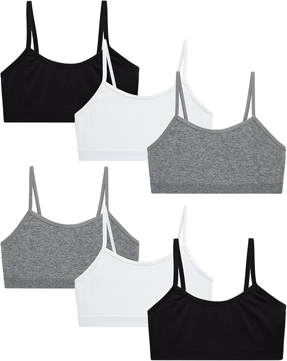 Rene Rofe Girls Training Bras 6 Pack 4-Way Stretch Wireless Bralette | Unpadded Spaghetti-Strap Comfort, Soft Seamless Stretch and Breathable Everyday Coverage for Growing Girls