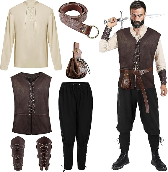 LYCN 6 Pcs Men's Renaissance Costume Set Halloween with Medieval Vest Shirt Ankle Banded Pants Viking Belt Armband Pouch