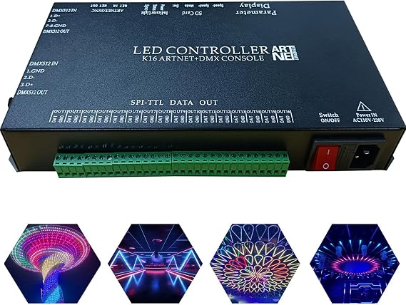 Addressable Led Controller, Programmable RGB Pixel Controller 16 Port 16384 Pixels K16 Artnet Madrix DMX Full Color Ws2812b Ws2812 Ws2811 Light Controller