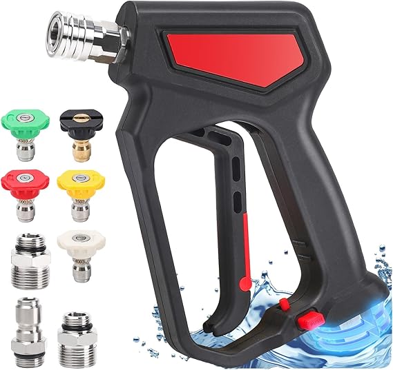 Pressure Washer Short Gun with Swivel, 5000 PSI/10.5 GPM High Power Washer Gun with 5 Nozzle Tips, 3/8'' Quick Connect and M22-14mm and M22-15 mm Fitting