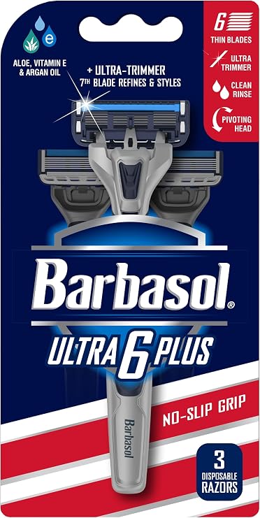 Barbasol Ultra 6 Plus Disposable Razor Value Pack (1 Pack/3 Total Razors) | Premium 6-Blade Disposable Razors, Close Shave technology, UltraTrimmer 7th Blade, Pivoting Head, Razor Bundle