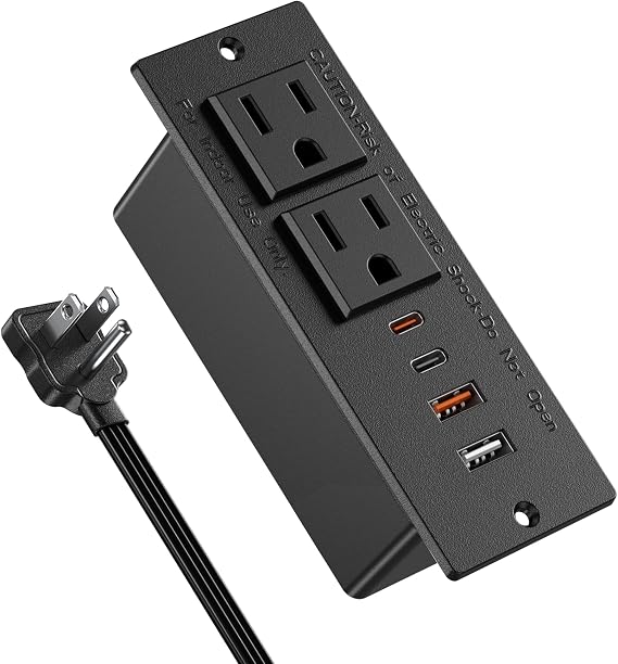 Recessed Power Strip 30W USB C,Furniture Flush Mount Desk Outlet,2 Outlets 4 USB Ports,Recessed Outlet for Side Table/Sofa Table,Ultra Thin Flat Plug Power Strip,3FT Cord (Black)