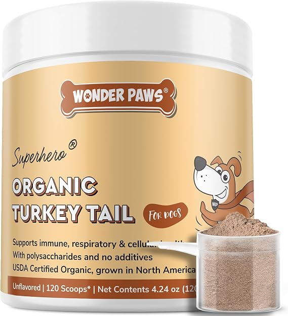 Wonder Paws Organic Turkey Tail Mushroom for Dogs Powerful Turkey Tail for Dogs Mushroom Powder for Immunity, Respiratory, Digestion & Cellular Healthwith Beta Glucans & Polysaccharides (120 g)