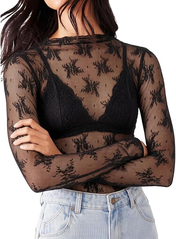 KMBANGI Women's Mesh Lace Long Sleeve Top Mock Neck Sheer Layering Tops
