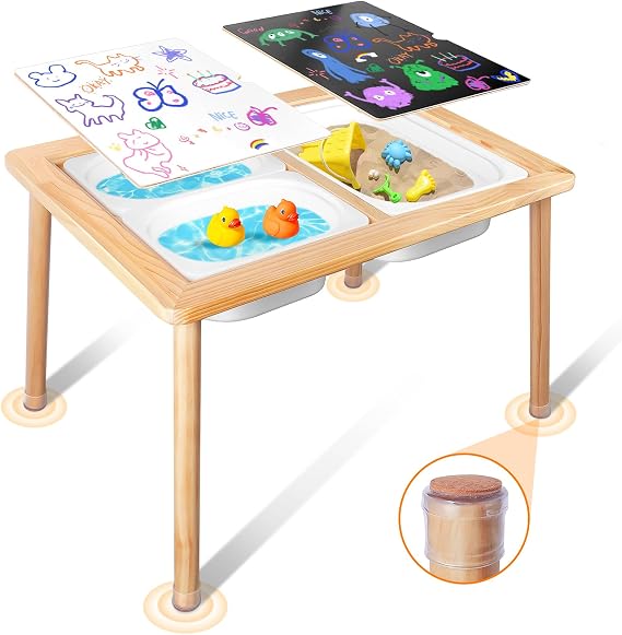 TERRAMUS Children's Tables, Multifunctional Sensory Table, Play Sand and Water Table with 3 Storage Bins, Kid's Desk for Art, Drawing, Studying and Playing, Wooden Activity Table for Indoor Outdoor