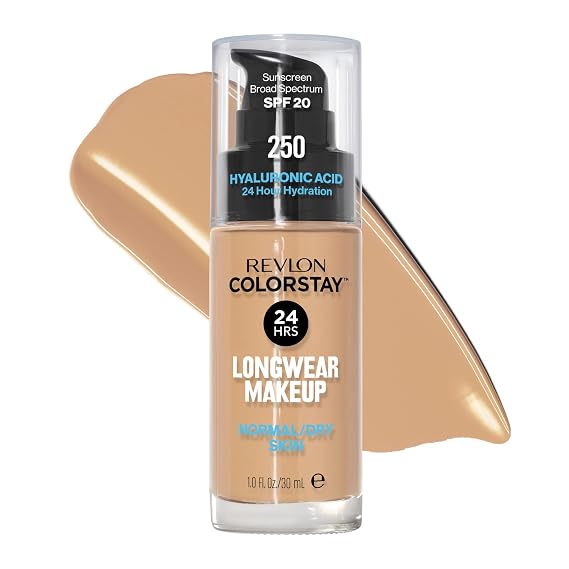 Revlon Colorstay Longwear Makeup Normal/Dry, 250 Fresh Beige, 1 fl oz | Longwear foundation for normal & dry skin with SPF 20. Medium-full coverage, natural finish. Up to 24hr wear.