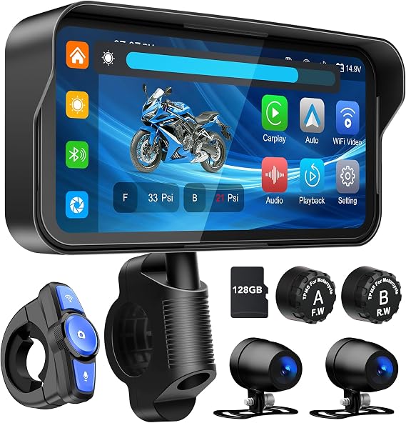 LBW 6.25" Carplay Screen for Motorcycle (Includes128G SD Card) with Dual 2K Dash Cam, TPMS, Wireless Android Auto, GPS Navigation, IP67 Waterproof, HD Touch Screen, Bluetooth, Remote Control, Siri