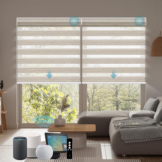 SmartWings Customized Motorized Zebra Blinds, 60% Blackout Gold | 95mm Striped Fabric Electric Dual Layer Shades for Indoor Windows, Smart Blinds Compatible with Alexa/Google/Homekit