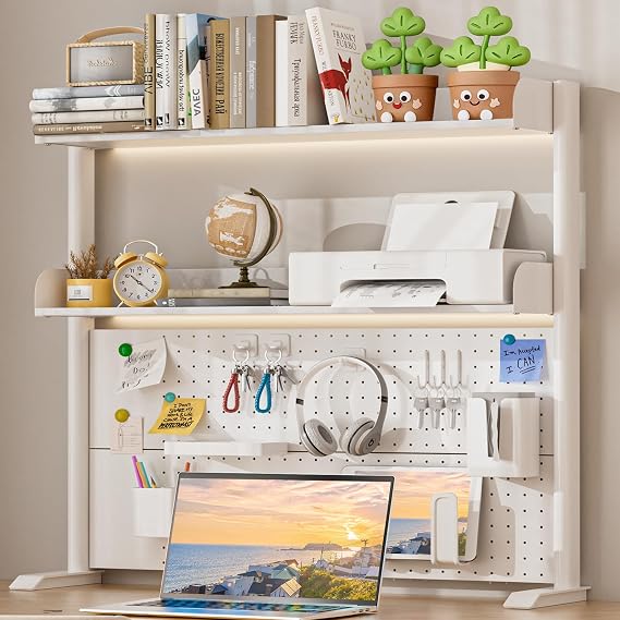 Adjustable Desktop Hutch Bookshelf with Pegboard, 38.9" Wide | 2 Tier Wood Desk Organizer with Thickened Metal Frame, Countertop Storage for Home Dorm Office, Save 90% Desktop Space