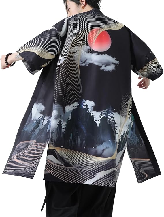 Seidarise Men's Haori, Long Kimono Cardigan Jacket Japanese Style Flying Crane Seven Sleeves Open Front Coat