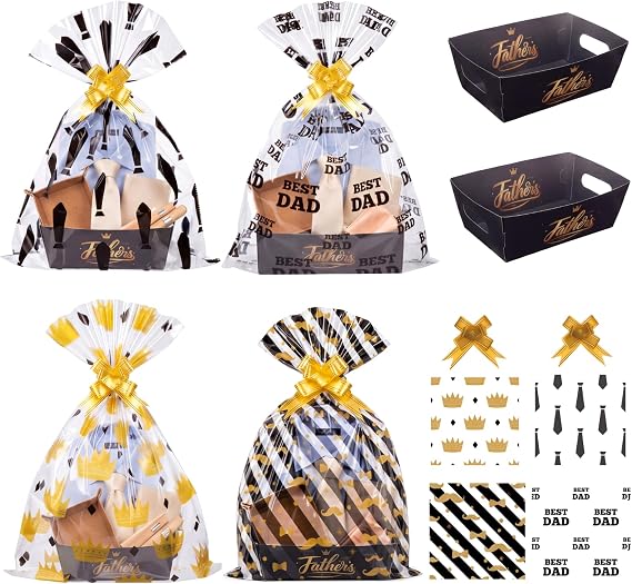 Gueevin 12 Sets Happy Father's Day Empty Gift Baskets, 12 Cardboard Market Trays to Fill 12 Cellophane Bags 12 Gold Pull Bows, DIY Gift Wrapping for Father's Day Birthday Party