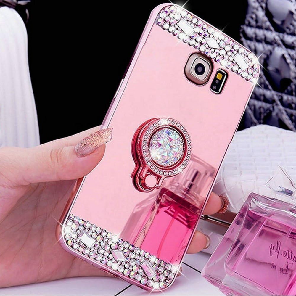 Galaxy S5 Case Mirror Silicone for Girls Crystal Diamond Glitter Soft TPU Holder Makeup Anti-Scratch Back Cover for Samsung Galaxy S5,Rose Gold Mirror TPU with Diamond Ring Stand Holder