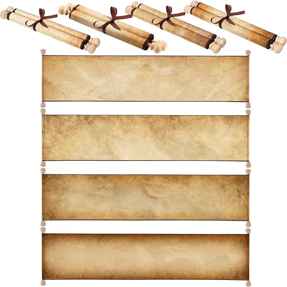 4 Pieces Blank Paper Scrolls on Wood Rods Vintage Quick Drop Old Paper Long Aged Blank Scroll for Writing Drawing Calligraphy Wedding Invitations Renaissance Festivals, 7.3 x 31.5 Inch
