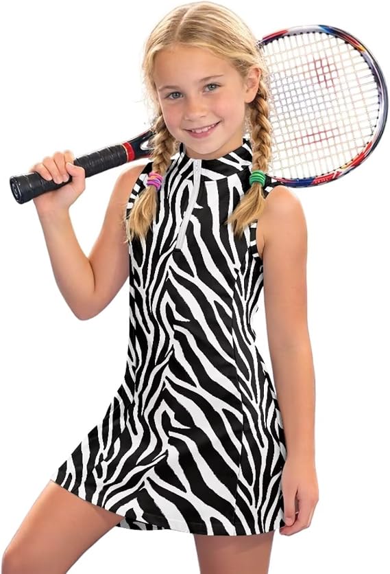 Girls Tennis Golf Dress Sleeveless Athletic Half Zipper Stand-Up Collar Outfits with Pockets Aged 4-15 Year