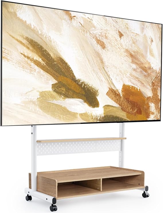 FITUEYES Rolling TV Stand Mount for 70 to 100 Large TV Screens,Mobile TV Floor Stand on Wheels with Ample Storage Pegboard & Wooden Shelf, Rolling TV Cart Hold up to 176 lbs, Max VESA 850 x 600