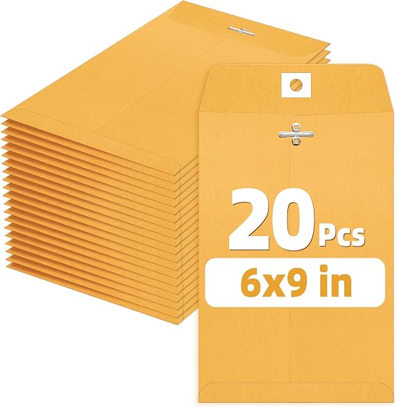 SUNEE Envelops, 6x9 Brown Kraft Envelopes with Clasp Closure, 28-lb Paper Mailing Envelopes, 20 Count, Great for Filing, Storing or Mailing Documents