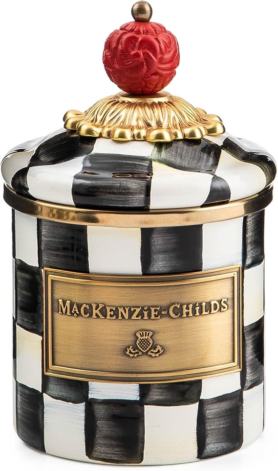 MACKENZIE-CHILDS Enamel Canister, Mini, Black-and-White Courtly Check | Hand-painted design, made from enameled steel, versatile kitchen storage container for flour and sugar, 14-ounce capacity