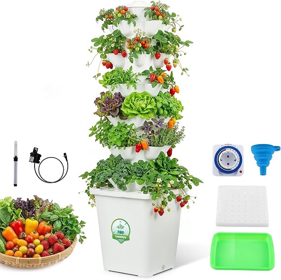Huanyu Hydroponic Growing System 6 Layers 30 Pods Vertical Hydroponic Tower with Timer Garden Hydroponic Tower with 10L Water Tank Suitable for Indoor and Outdoor Use