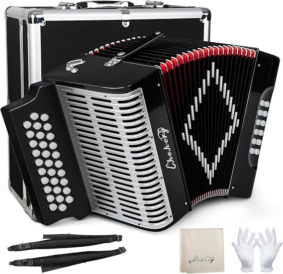 Accordion 31Key 12Bass Diatonic G/C/F w Case Strap Gloves Cloth (Black) | Push-Pull Tuned;Ergonomic Keys;Airtight Bellows;Tuned Reeds