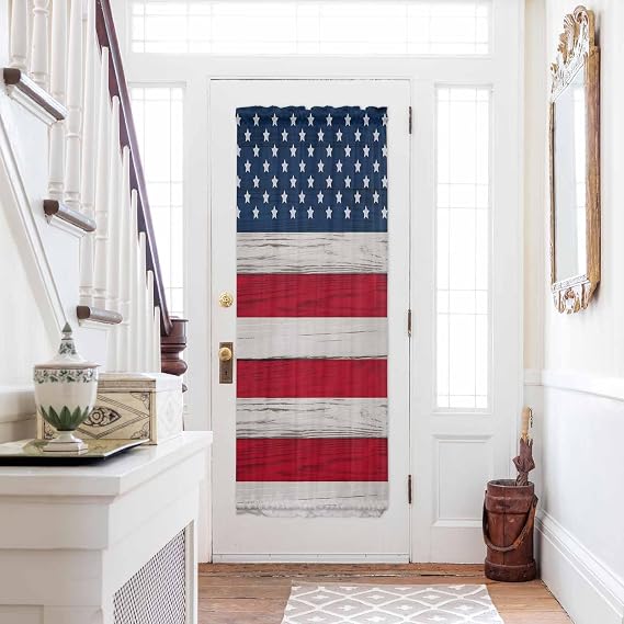 Stripes Stars American Flag French Sidelight Front Door Curtain For Door Window,Long Side Drape Rod Pocket Drapery for Kitchen Patio Doors,4th of July Farmhouse Woodgrain 1 Panel with Tieback,25"x 72"