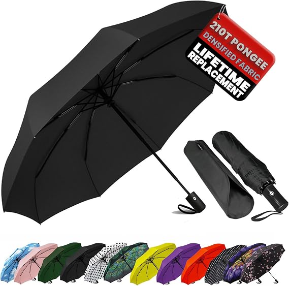 Compact Travel Umbrella - Windproof Auto Open/Close, Small Folding Umbrella for Rain - Lightweight & Durable with Fiberglass Frame, Waterproof Canopy - Fits Backpack, Purse, Suitcase. (Black)