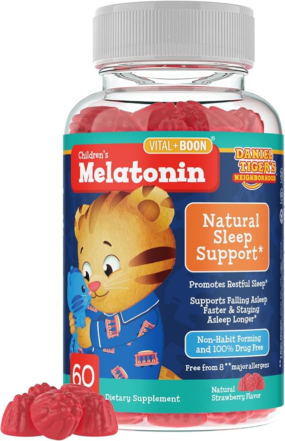 Daniel Tiger Kids Melatonin 1 mg Gummies, Sleep Aid Ages 3+ (60 Ct) | Melatonin gummies kids love, kids sleep aid for toddler bedtime; strawberry, allergen-free, vegan, non-GMO, gluten free.