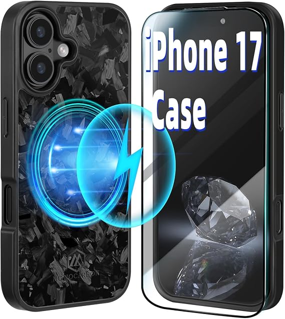 MONOCARBON iPhone 17用鍛造カーボンファイバーケース、ミリタリーグレードの3層落下防止保護カバー、 6.3インチハードケース カメラボタンカットアウト、MagSafe対応 + 無料スクリーンプロテクター
