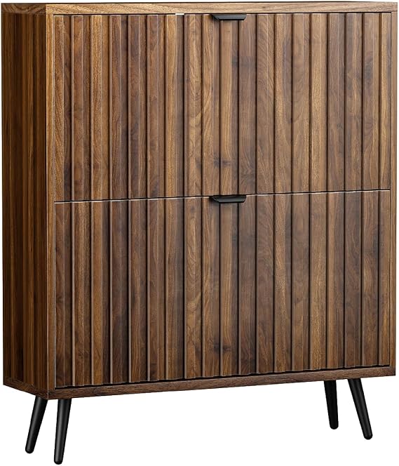 Shoe Storage Cabinet, Grooved Closet for Entryway, Walnut Hidden Shoe Cabinet with Metal Legs, Shoe Organizer Cabinet with Flip Doors, Slim Cabinet