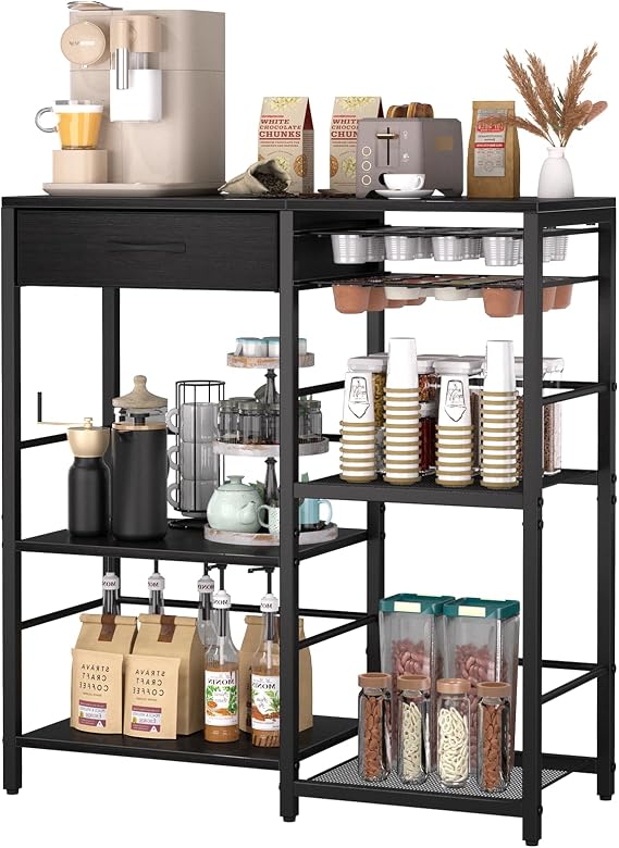 Coffee Bar with Integrated Storage,5-Tier Coffee Bar Cabinet with Drawers,Kitchen Coffee Bar Table with 2-Layer Capsule Drawer,for Living Room and Corner Kitchen Bar Table,Black