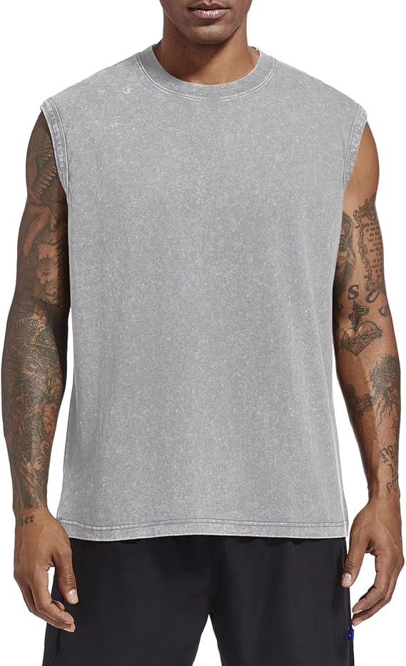 Wrenpies Mens Cotton Workout Gym Tank Top Sleeveless Cut Off Muscle Shirts Acid Wash Tshirts Running Beach Loose Fit Tees