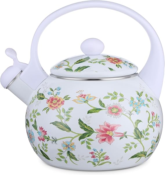2.3 Quart Vintage Enamel Tea Kettle, Whistling Tea Kettle for Stove Top, Floral Enamel on Steel Teakettle Teapot for Home Kitchen Camping Picnic, Gift for Wedding Housewarming