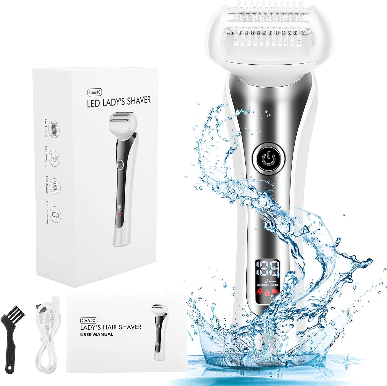 Electric Shaver for Women, LED Display 3 in 1 Blade Electric Razor Painless for Legs Bikini Trimmer Underarm Public Hairs, Rechargeable Womens Hair Remover Wet Dry Use Cordless with Detachable Head
