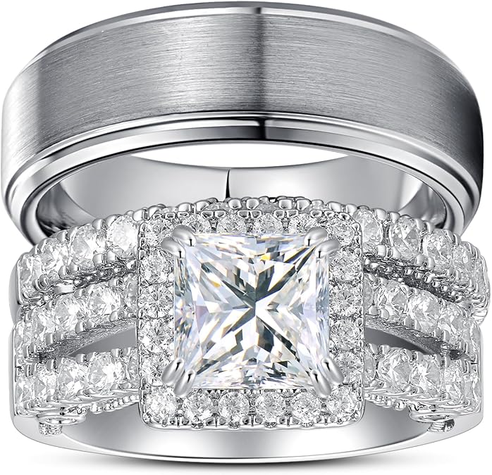 Promise Rings for Couples,TWO RINGS Wedding Forever Ring Sets, Bridal Sets Women White Gold-Plated 2.5CT Princess Engagement Ring Man Tungsten Wedding Bands, For Proposal Anniversary Wedding