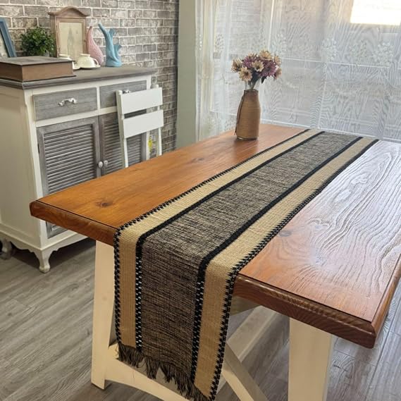 Macrame Table Runner Camel Black Brown Boho Woven Farmhouse Rustic 48 in | Burlap Striped Runner for Small Dining Coffee Table 48 inches Long, Summer Cotton Blend Knitted Crochet Handmade Fall