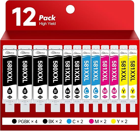 SANCTink 580XXL CLI-581XXL Compatible for Canon 580 & 581 ink cartridges | 12-Pack Multipack Compatible for Canon 581 Ink Cartridges for Canon TS705 TR8350 TS6150 TS6250 TS8550 TS6151 TS8150 TS8151