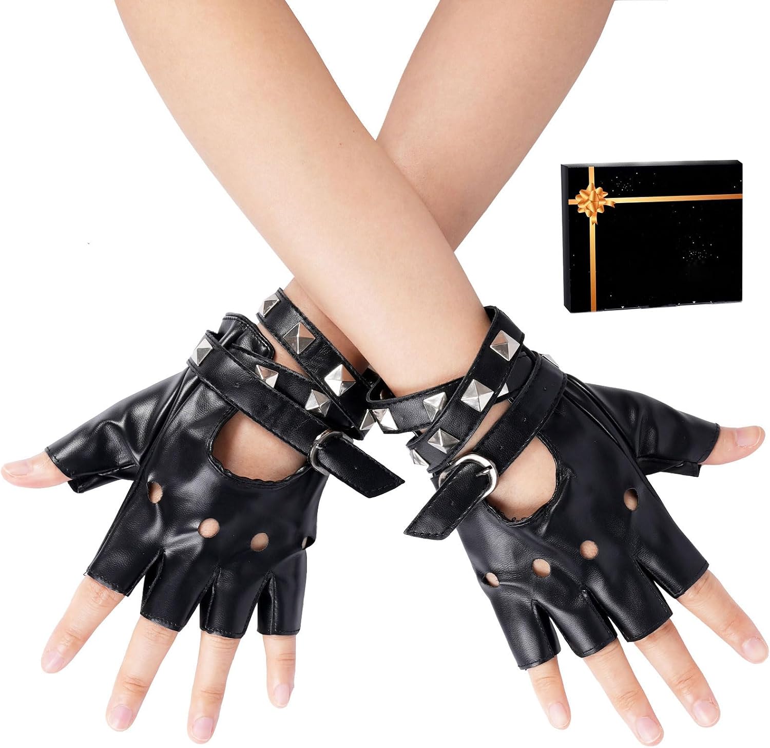 FAYBOX Black Leather Fingerless Gloves for Women Teens, Halloween Costume Accessories Belt Up Half Finger Gloves