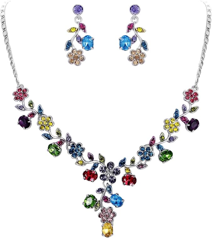 EVER FAITH Bridal Jewelry Sets for Wedding Rhinestone Crystal Flower Leaf Costume Pendant Necklace Earrings Set for Women