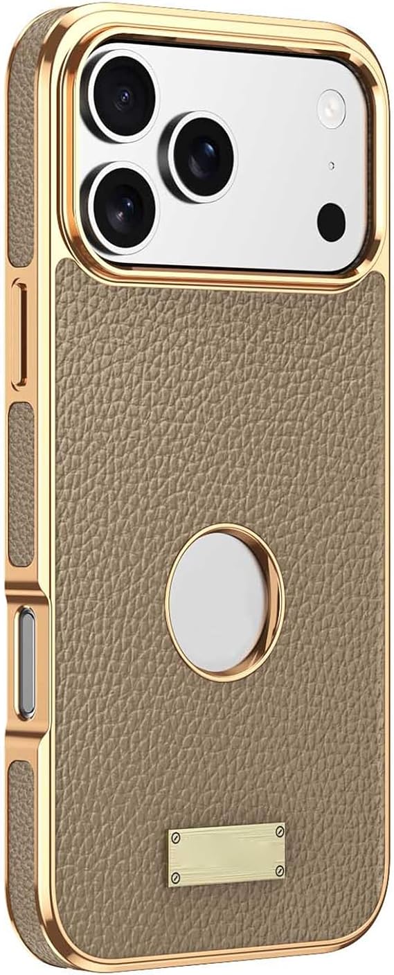 Genuine Leather Case for iPhone 17 Pro Max/17 Pro/17 Air/17, Magnetic Cover Luxury Plating Slim Logo View Business Style Shell,Grey,17 Pro Max