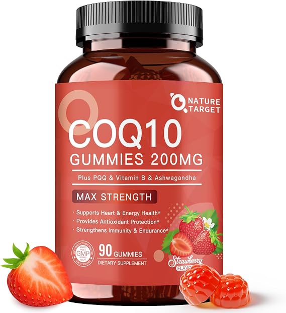 NATURE TARGET CoQ10 Gummies 200mg with PQQ, Strawberry, 90 Count | High Absorption Coenzyme Q10 Supplements for Heart, Energy & Antioxidant with Zinc & Ashwagandha