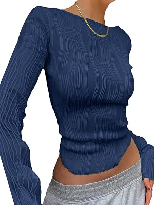 Xineicy Womens Solid Long Sleeve T-Shirt Y2K Crop Top Scoop Neck Asymmetrical Hem Basic Tee