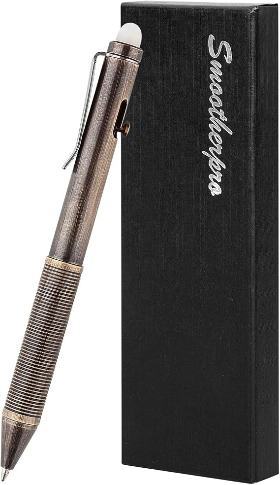 SMOOTHERPRO Brass Erasable Bolt Action Pen, Retro Black | Erasable Refillable Pen for Notes, Journaling, Office Writing, Signatures, and Daily Pocket Carry.