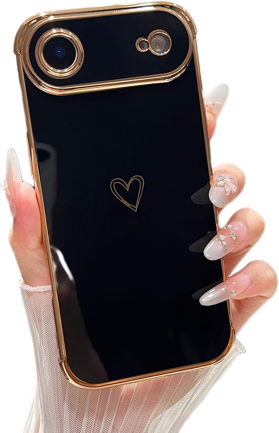 ZTOFERA Designed for iPhone Air Case 6.5 inch,Cute Plating Edge Love Hearts Pattern with Camera Lens Protection Phone Cover for Girls Women,Black