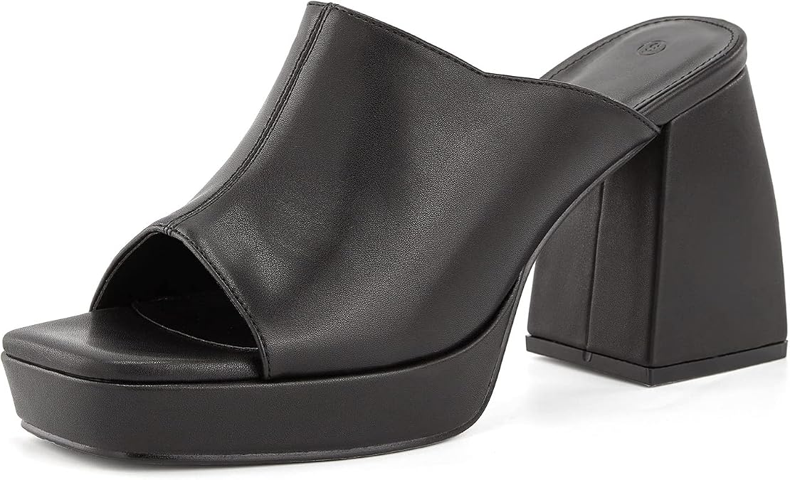 Coutgo Womens Chunky Platform Sandals Slip On Square Toe High Heel Sexy Mules