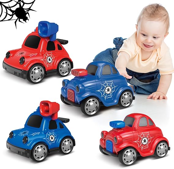 Toy Cars for Toddlers 1-3,Push and Go Cartoon Inertia Car,Friction Powered Race Car for 6-9-12-18 Month,Spider Pattern,Easter Basket Stuffers Birthday Gift for 1 Year Boy Girl Kid