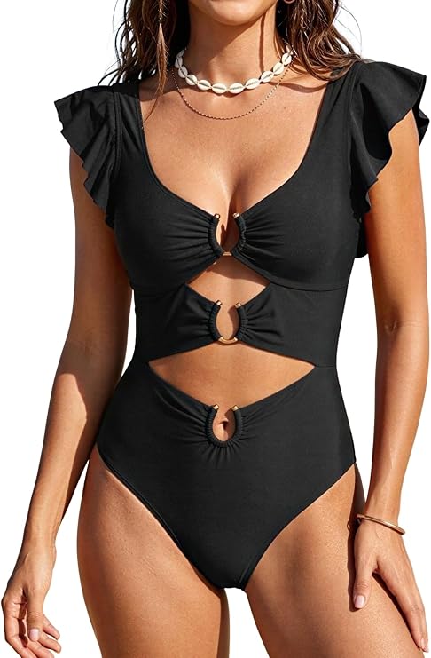 B2prity Women One Piece Swimsuit Tummy Control Ruffle Sleeve V Neck Bathing Suit Cutout Sexy High Waisted Monokini