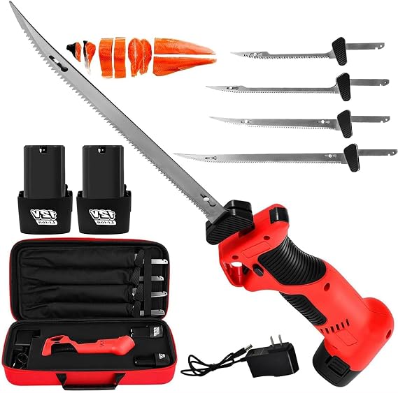 Rechargeable Fish Fillet Knife Electric Fillet Knife with 4 Ti-Nitride S.S. Coated Non-Stick Blades & 2 Batteries,Cordless Fillet Knife with Carrying Case,Safe Lock,for Home,Restaurant,Picnic