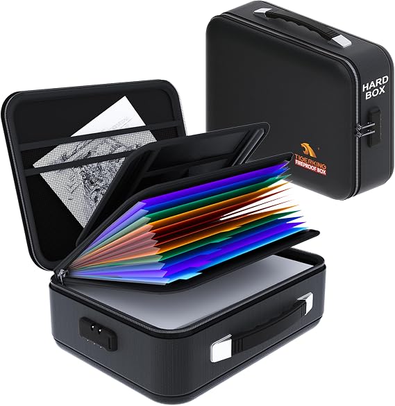 TIGERKING Fire Proof Document Safe Box with Lock and Handle Fireproof Document Box Organizer with Hard Shell, Portable Fireproof Safe for Home Documents, Certificates, Laptop, and File Storage-Black