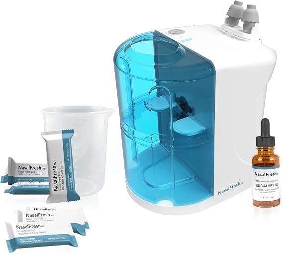 NASALFRESH MD - Dual Powered Nasal Irrigation System w/120 Quick Dissolving Saline Packets, 1 Set of Nose Pillows, and 1oz Eucalyptus Essential Oil