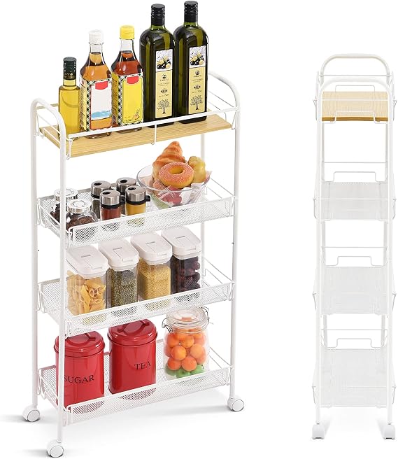 KINGRACK 4-Tier Slim Rolling Cart with Wooden Tabletop,Mobile Metal Utility Storage Cart,Slide Out Narrow Cart for Tight Spaces on Bathroom Kitchen Laundry Room Bedroom Apartments Dormitory, White