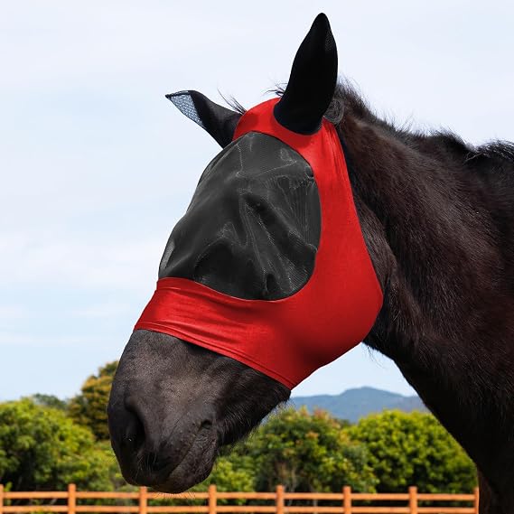 Horse Fly Mask with Ear Holes Elasticity & Breathable Fabric Visible Sunshine Avoid Eyes Protection for Average Size Horses (Red)